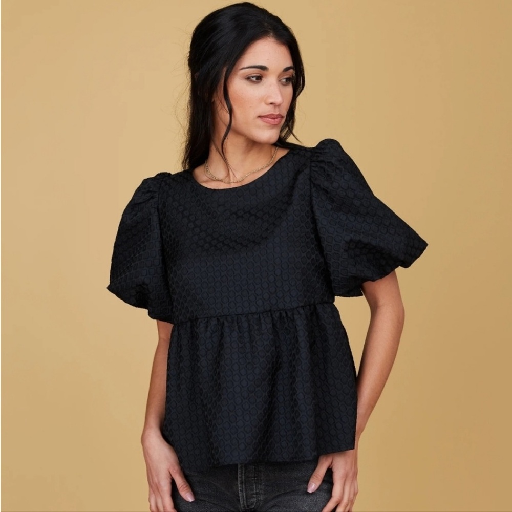 Crosby by‎ Mollie Burch Remi Top Shirt Womens XS Black Puff Sleeve Tie Back
